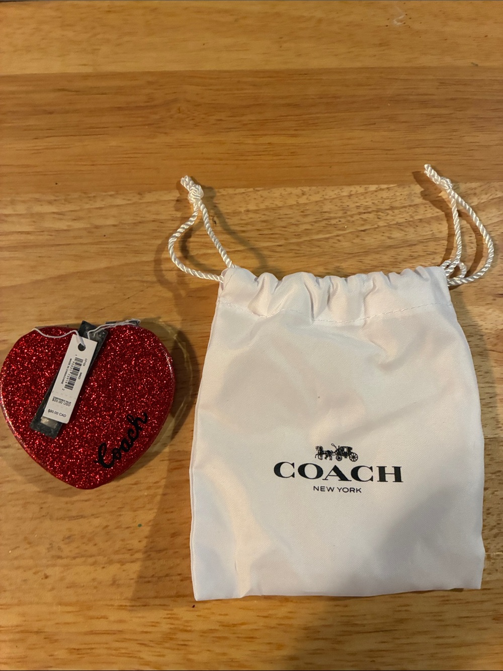 Coach Red Glitter Heart Pocket Mirror with White Drawstring Pouch